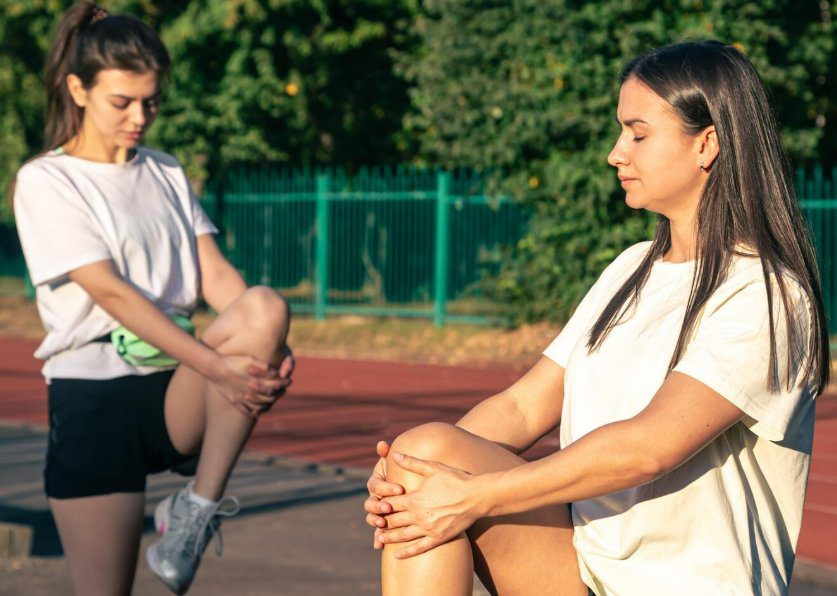 Active adults stretching outdoors, where knee cartilage injuries commonly occur