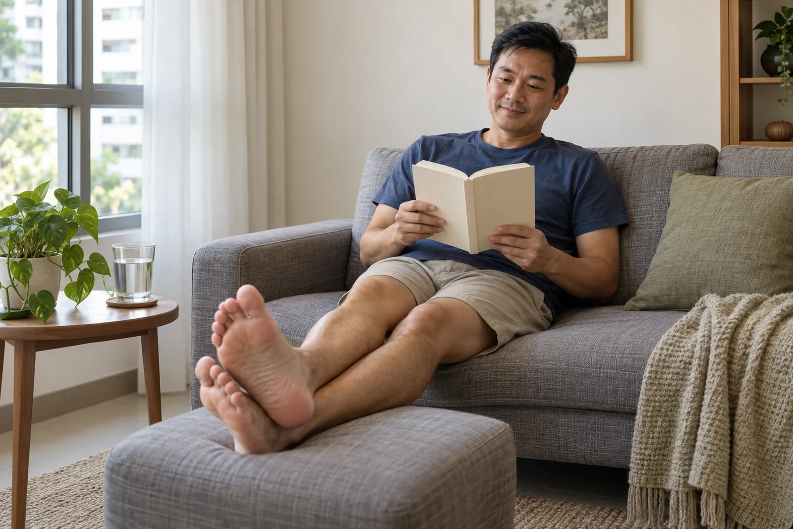 A man reads on a living-room sofa with his bare feet resting on a cushioned stool and a glass of water nearby.