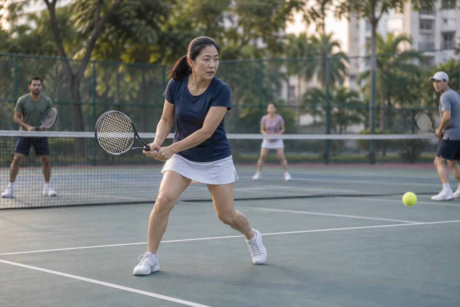 A woman moves toward the ball during a friendly doubles game on an outdoor neighbourhood tennis court.