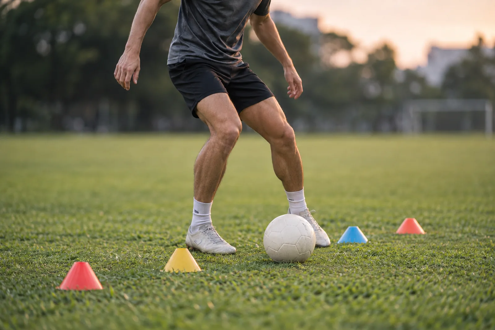 Seorang pemain sepak bola menggiring bola polos melewati deretan kerucut latihan di lapangan komunitas.