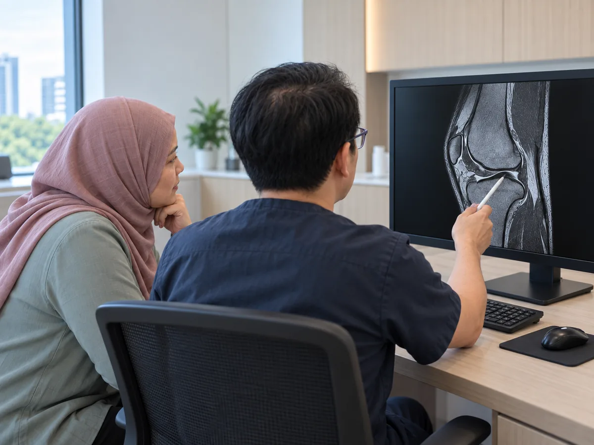 A doctor, seen from behind, points to a knee MRI on a screen while a patient listens