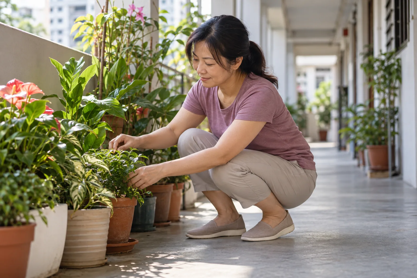 A woman tends a row of potted plants along a bright HDB corridor.