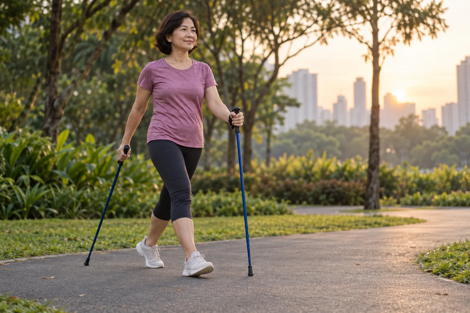 A woman walks steadily with plain poles on a paved park loop at dawn.