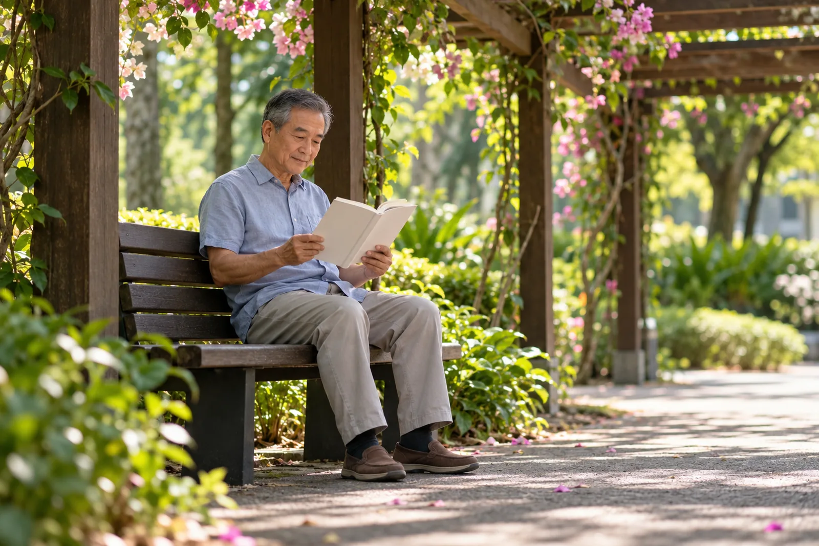 A man sits reading a book on a bench beneath a flowering park pergola.