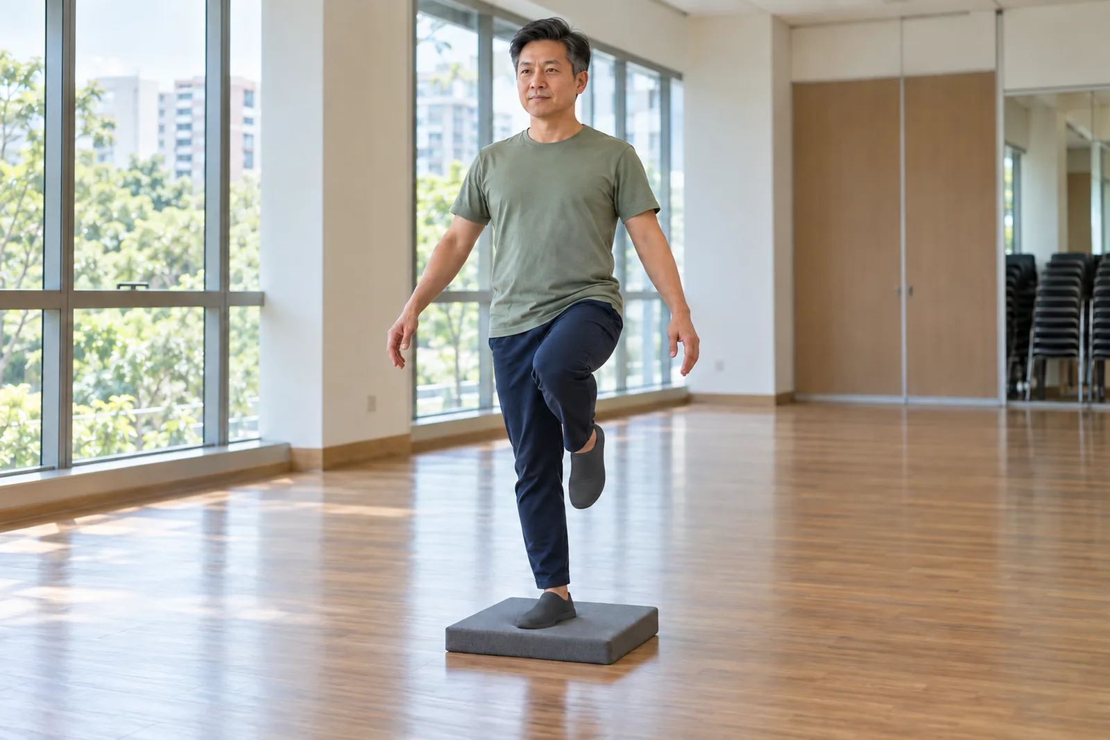 A man balances on one leg on a foam pad in a bright community room.