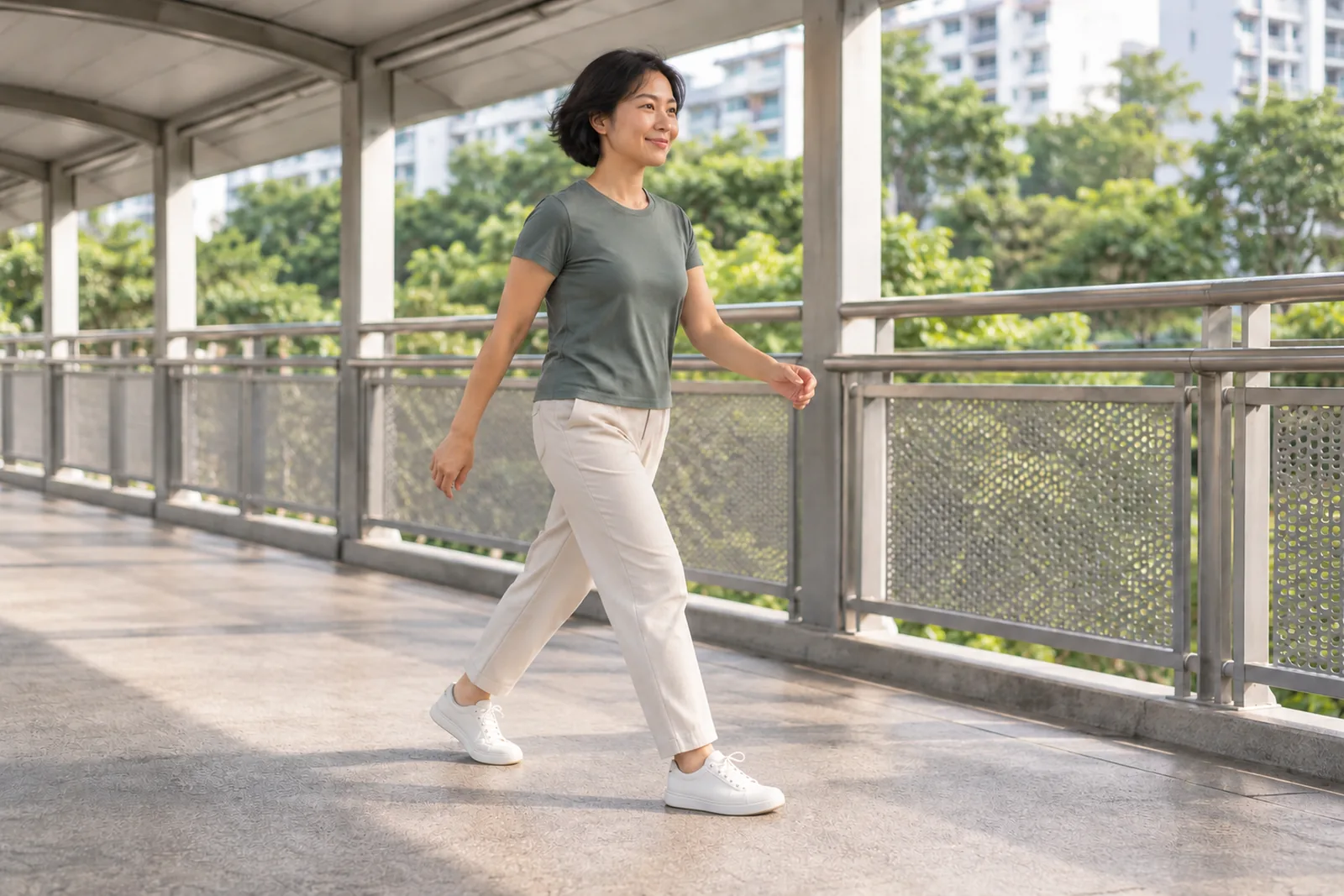 A woman walks briskly across a covered pedestrian bridge in the morning.