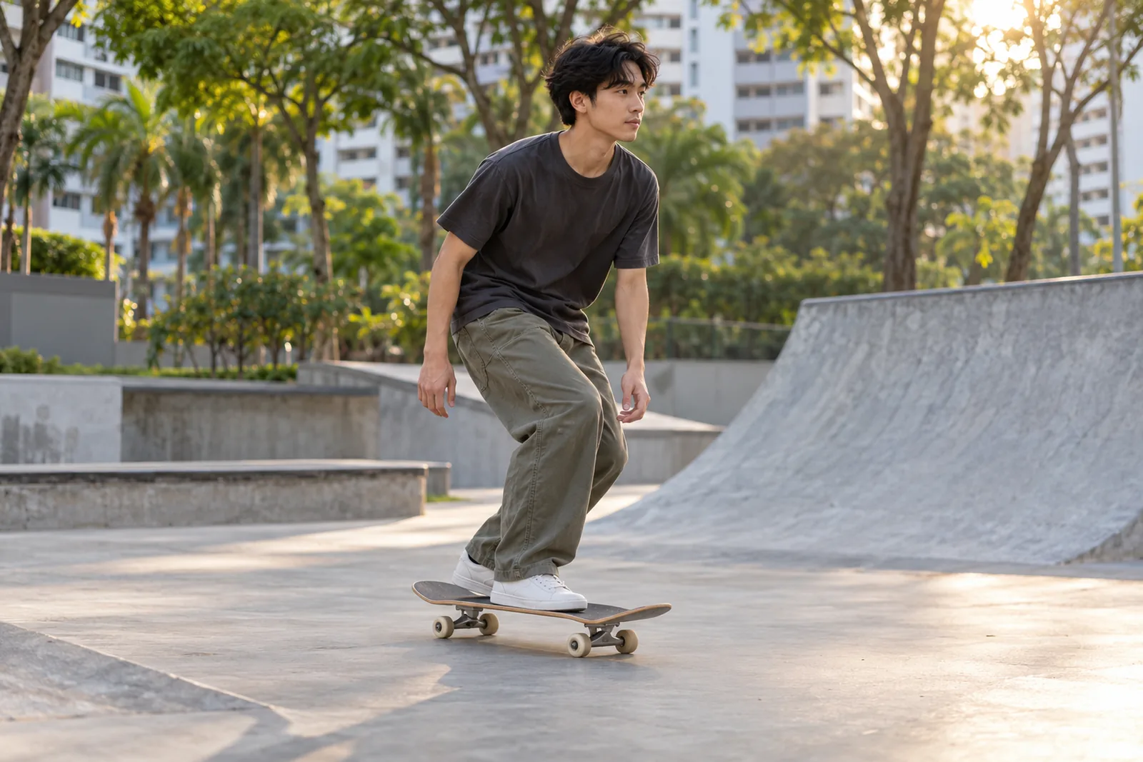 A young man rides a skateboard slowly across a neighbourhood skate park.