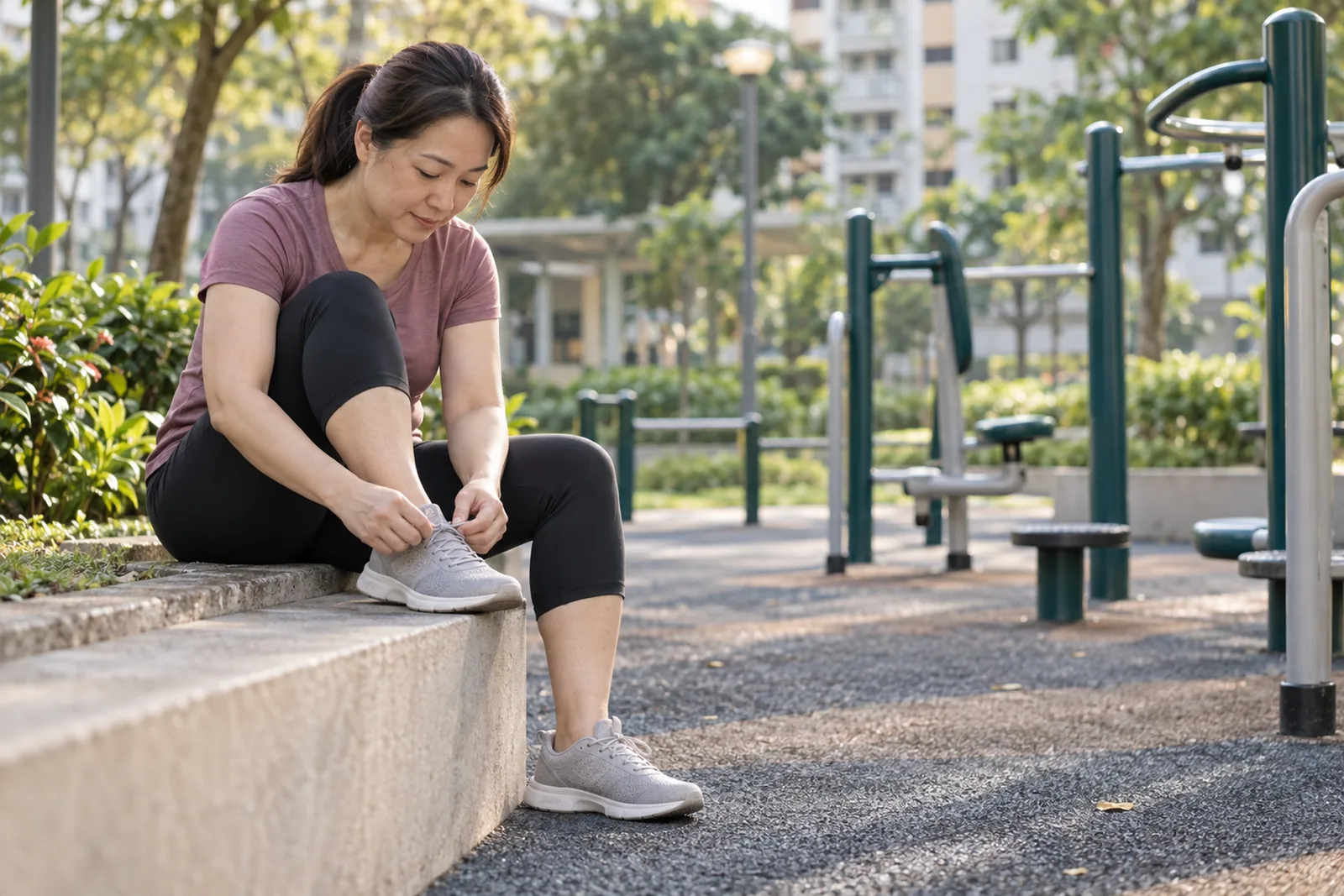 A woman ties her trainers beside outdoor exercise stations in a neighbourhood fitness corner.