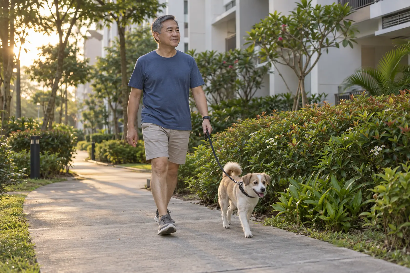A man walks a small dog along a landscaped residential footpath at dawn.