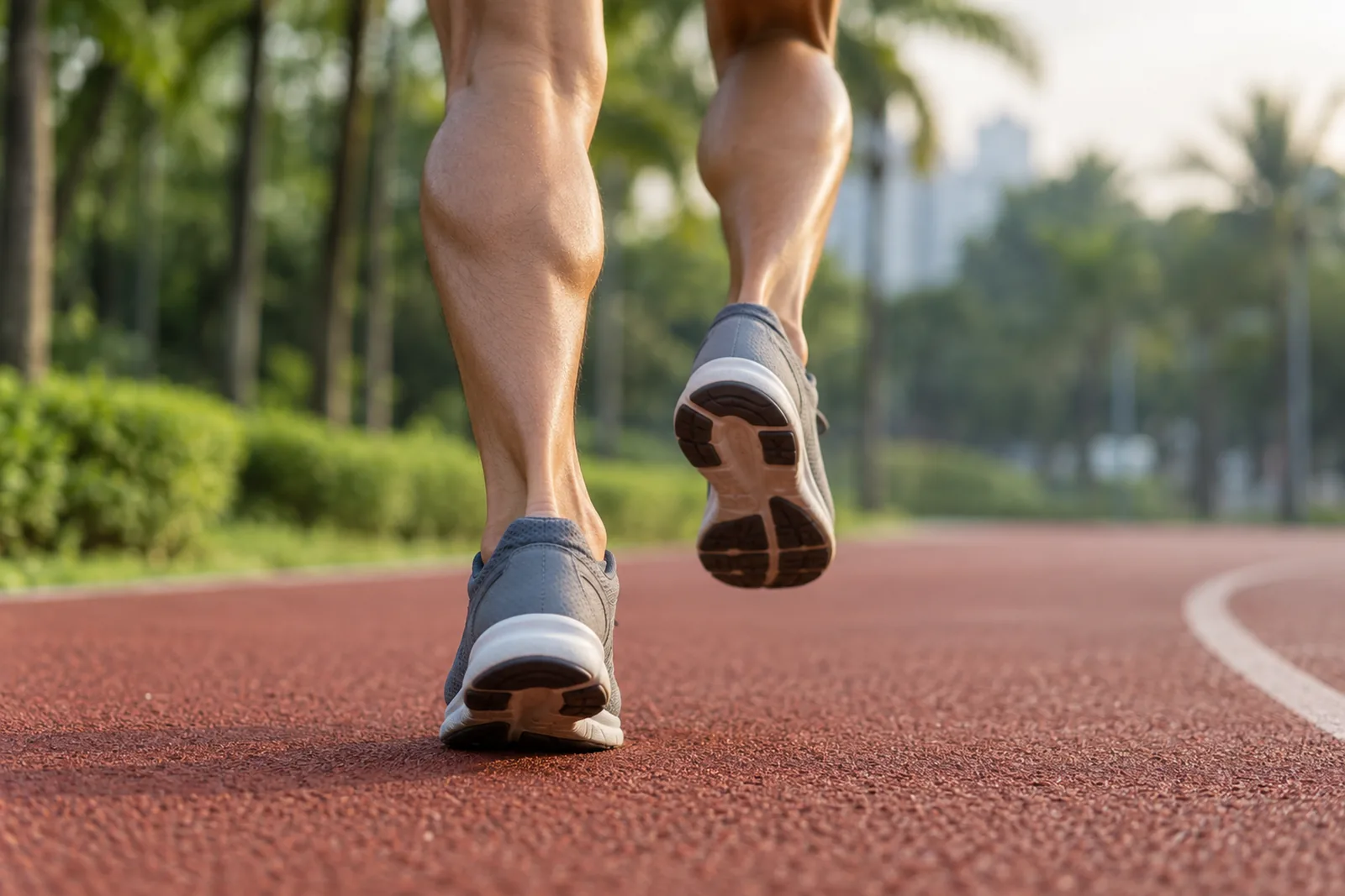 The lower legs and heels of a runner push off from a red track in soft morning light.