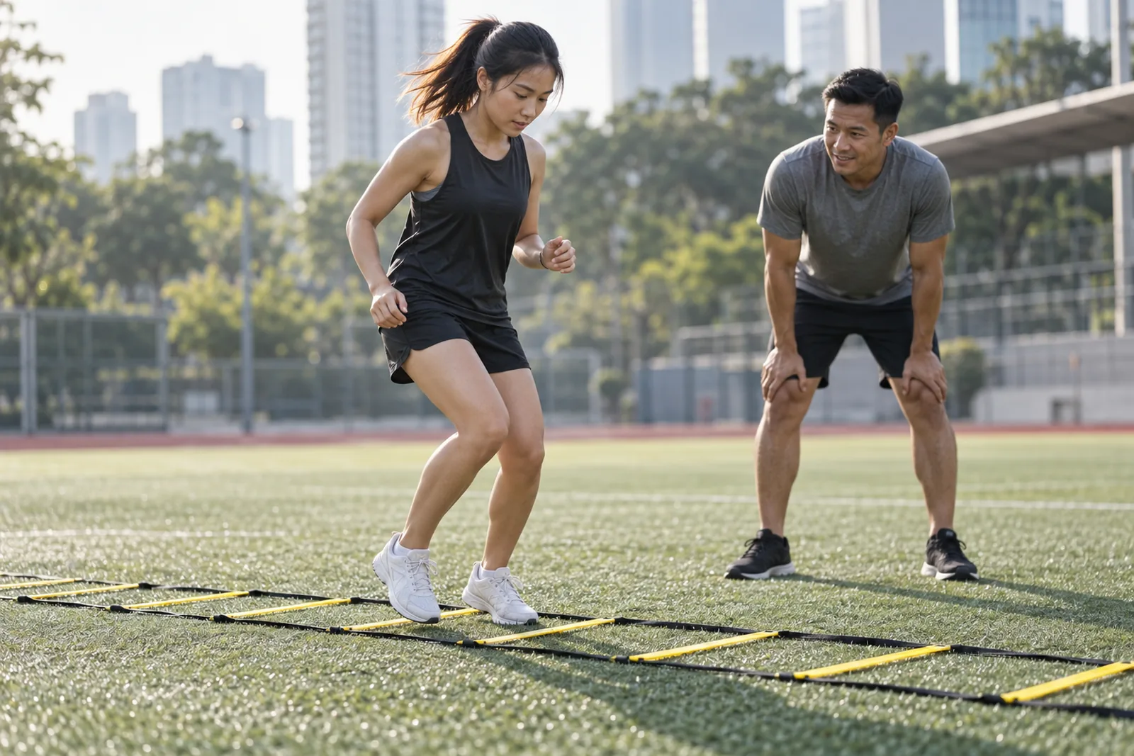 A young woman practises agility-ladder footwork on a field while a coach watches nearby.