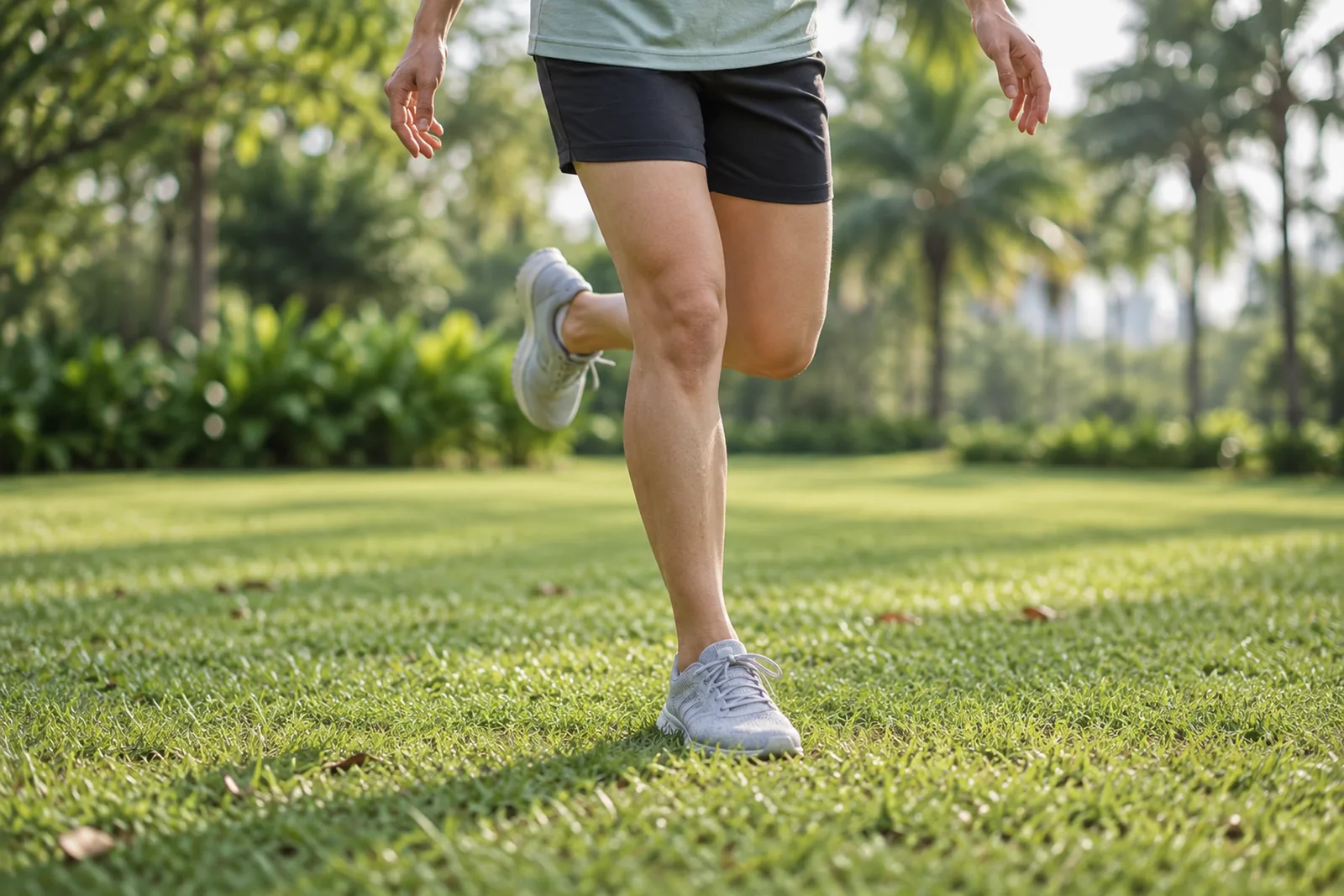 A person balances on one leg on a park lawn with the standing foot planted firmly on the grass.