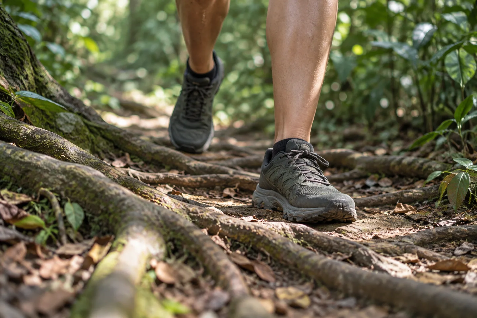 A trail runner steps carefully between exposed tree roots on a shaded nature path.