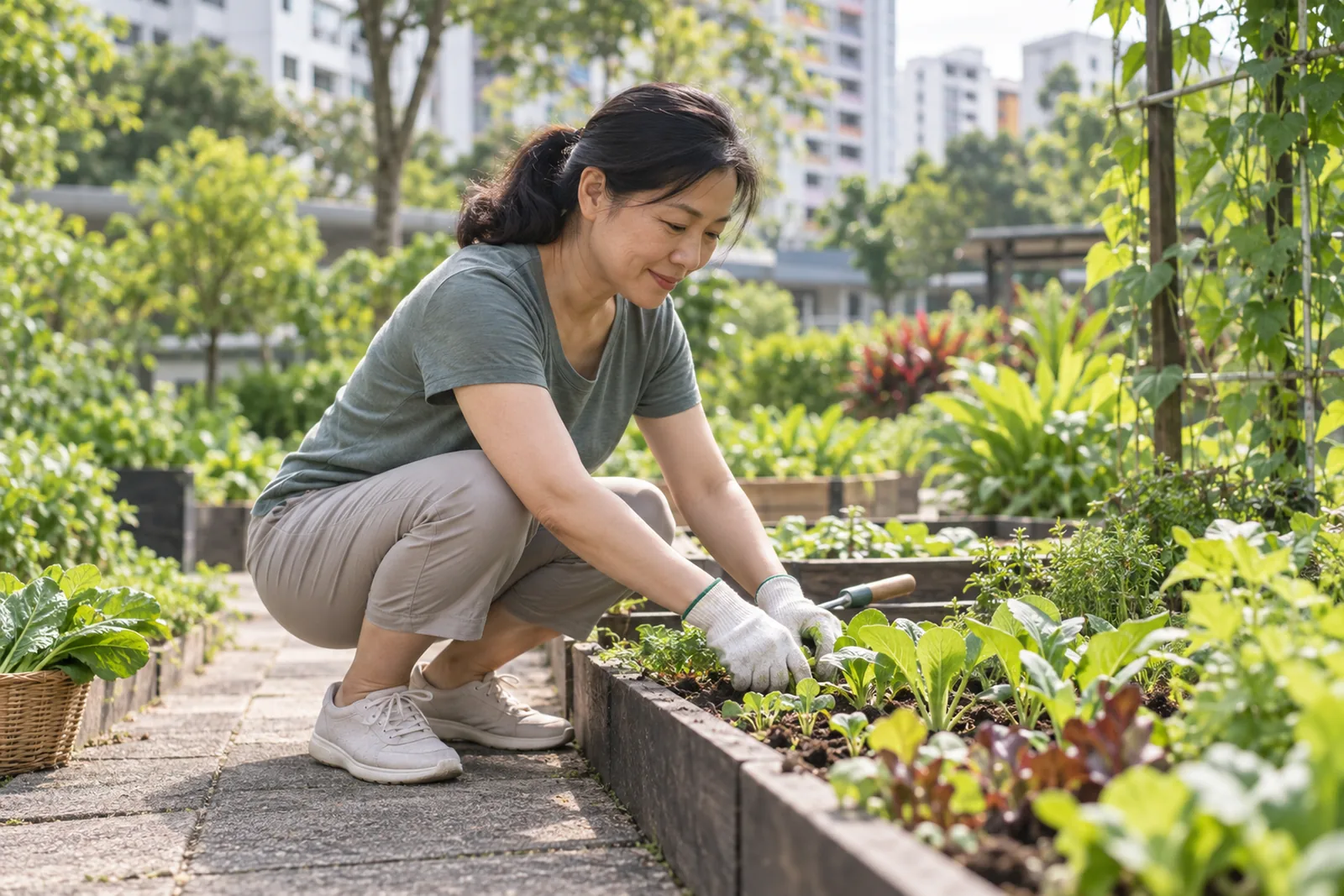 A woman crouches beside a community garden bed while tending young vegetable plants.