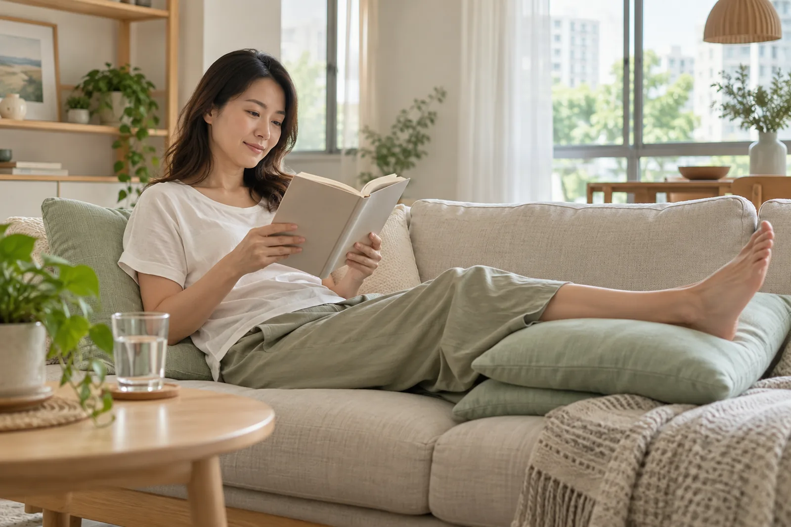 A woman reads on a sofa with one leg supported on cushions in a bright living room.