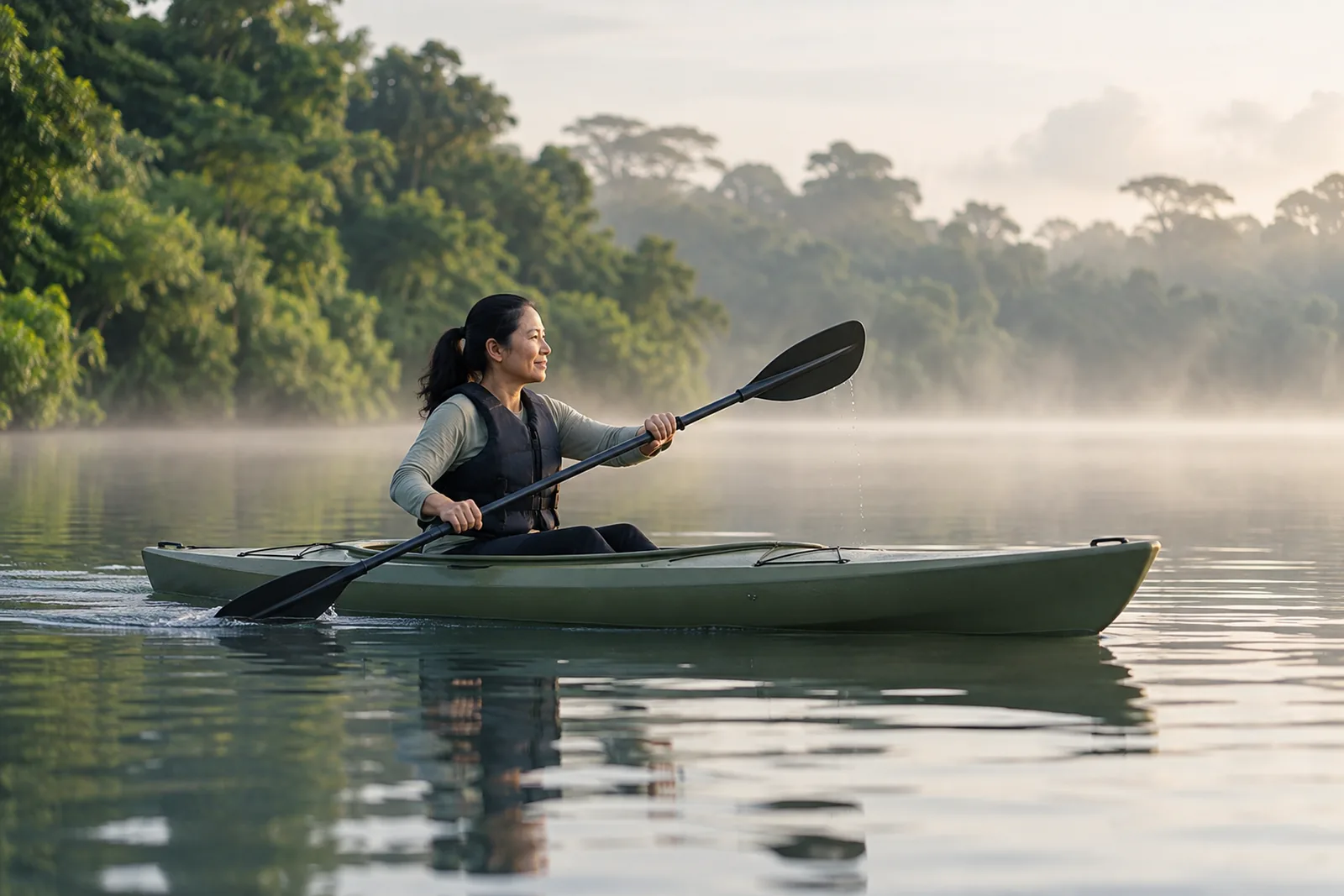 A woman paddles a single kayak across a calm reservoir in soft morning mist.