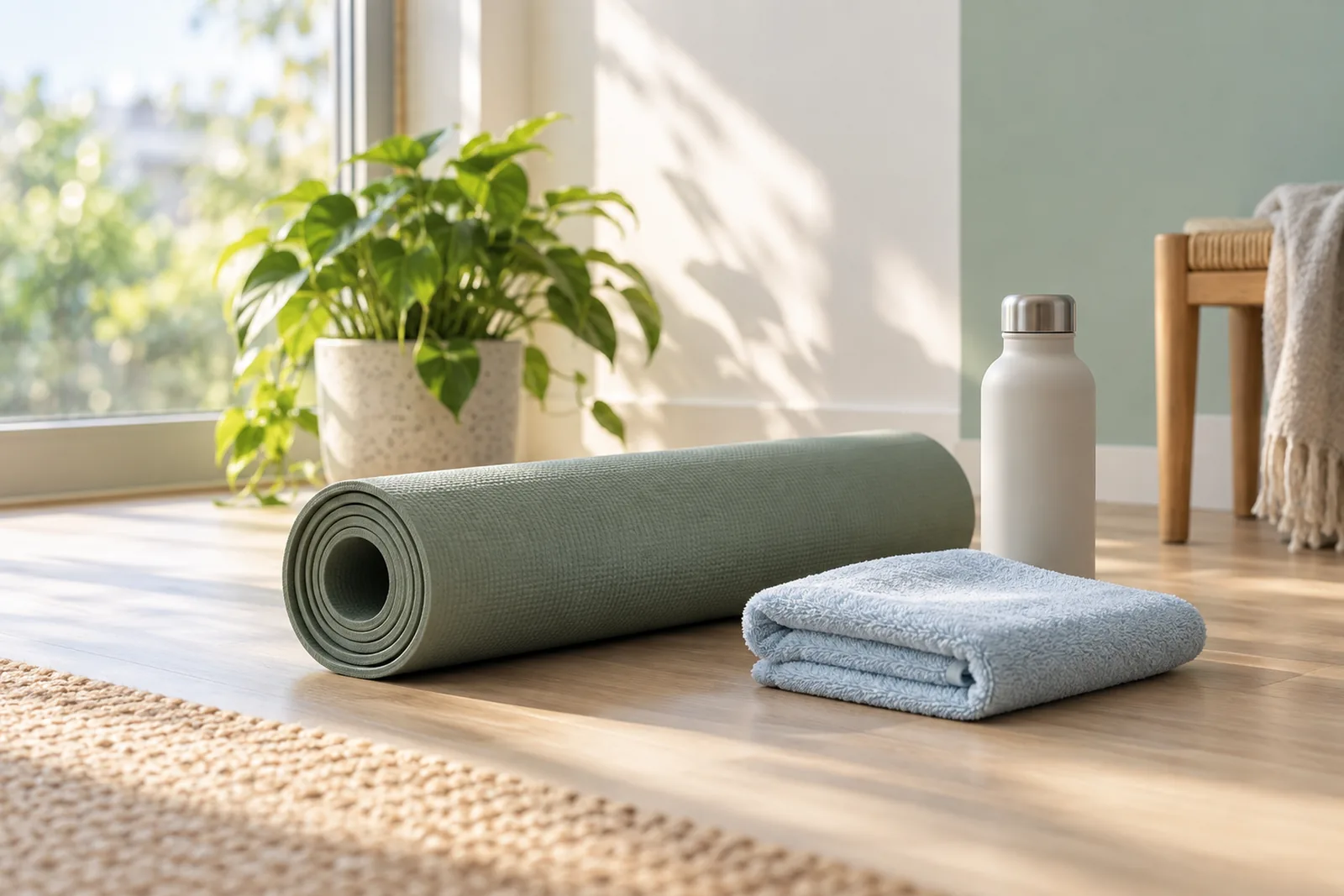 A rolled exercise mat, folded towel and water bottle sit in a sunlit home exercise corner.