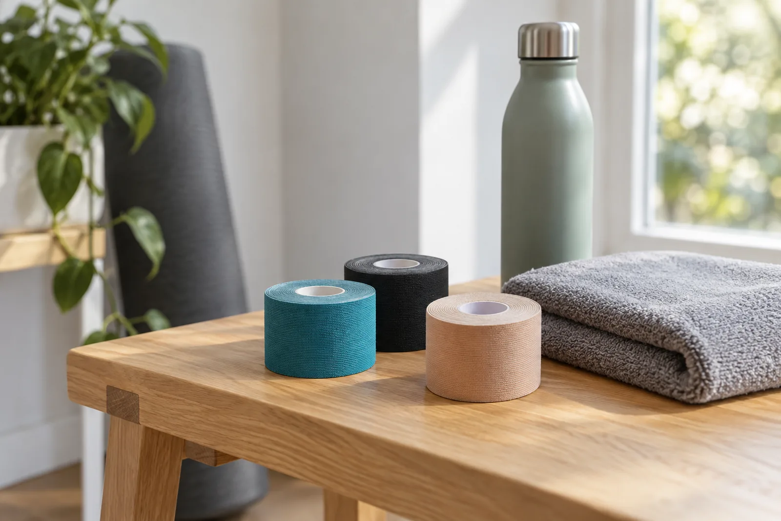 Three plain rolls of teal, black and beige kinesiology tape rest on a light wooden bench beside a folded grey towel and a plain water bottle.