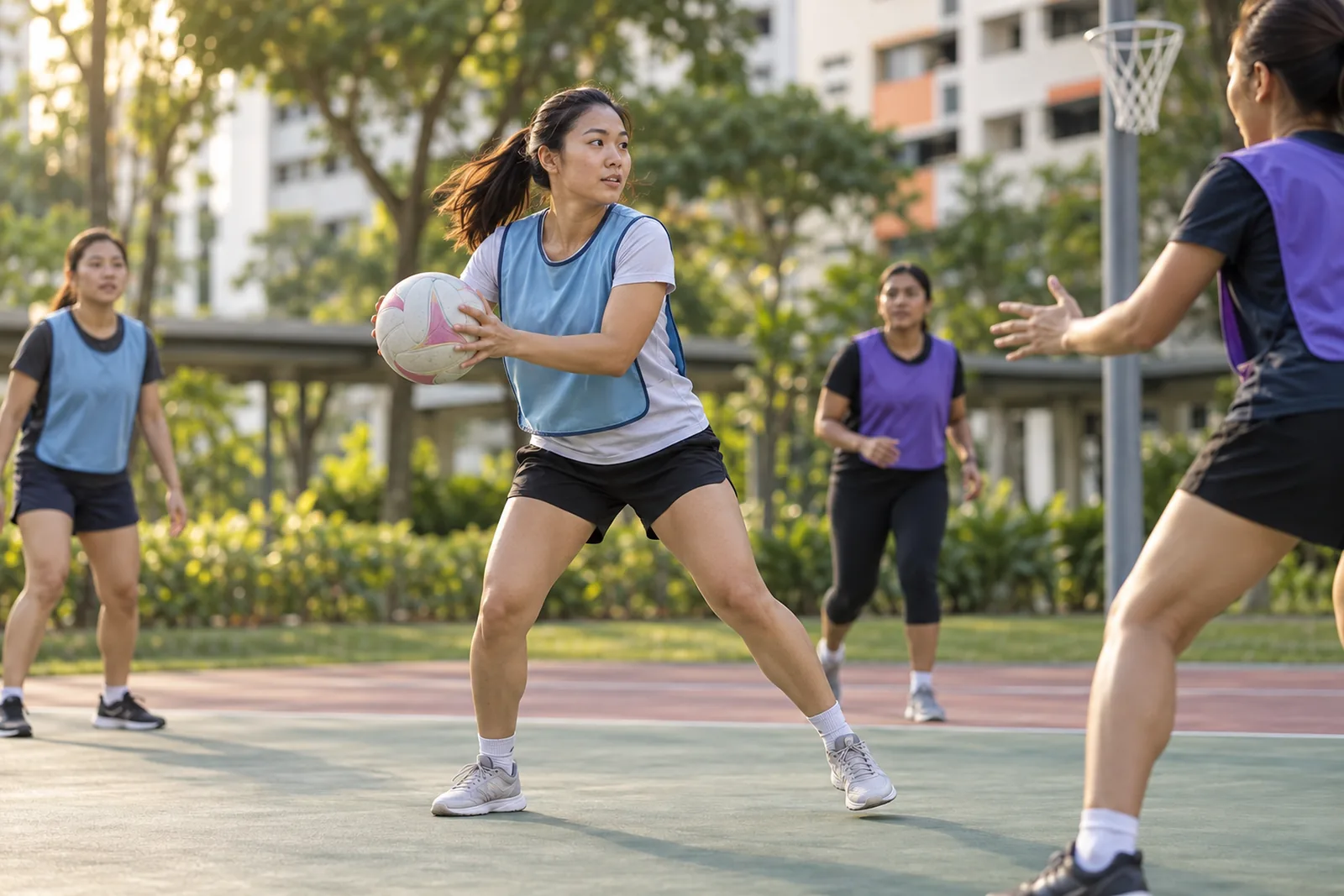 A netball player bends her knees while preparing to pass on an outdoor neighbourhood court.
