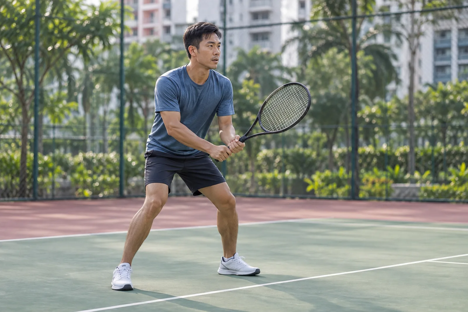 A man stands ready to return a ball on a sunny public tennis court.