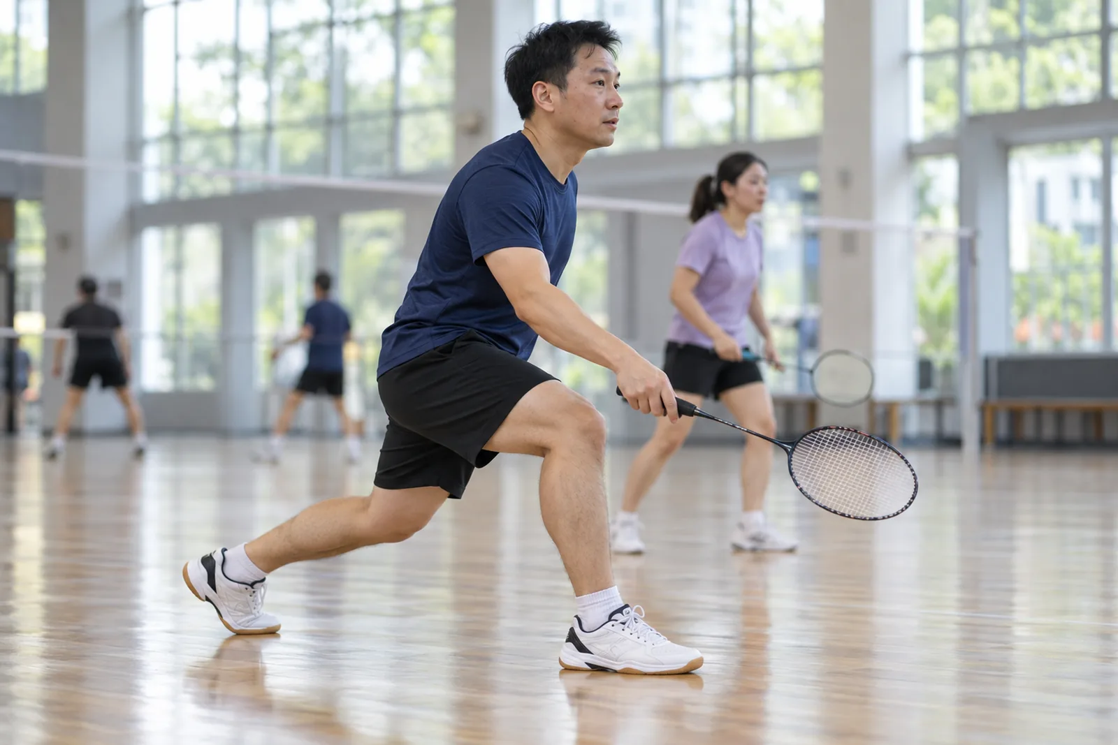 A badminton player recovers from a forward lunge in a bright community sports hall.