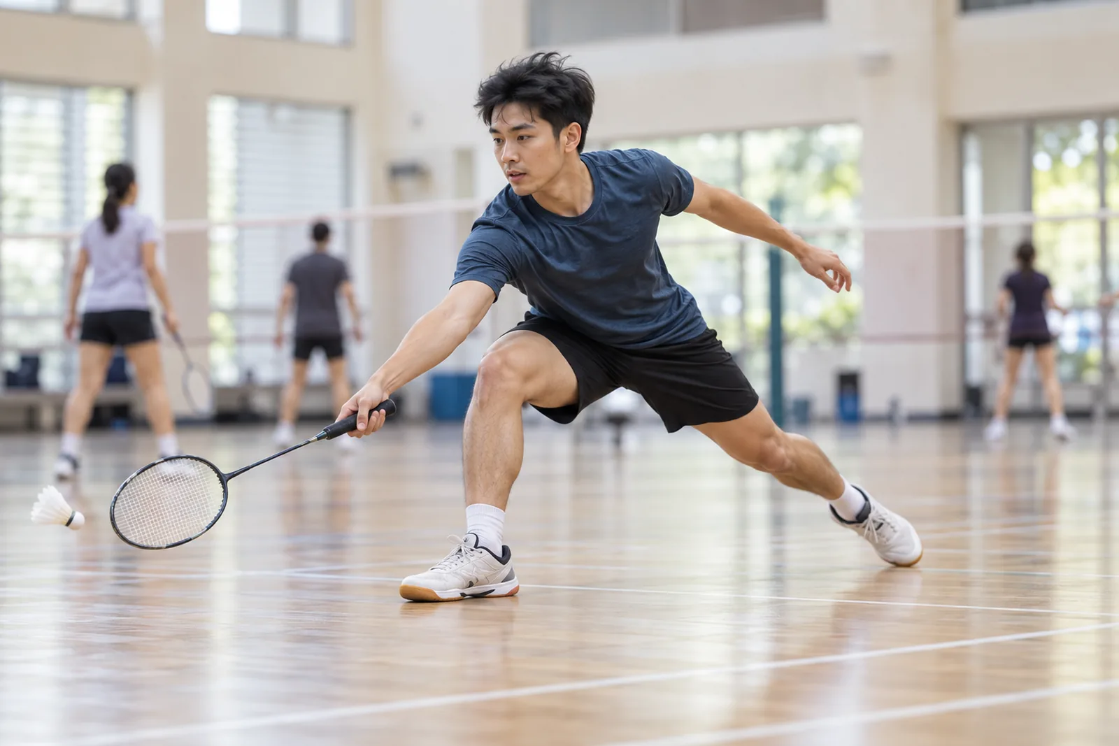 A badminton player lunges low for a shuttlecock in a bright community sports hall.