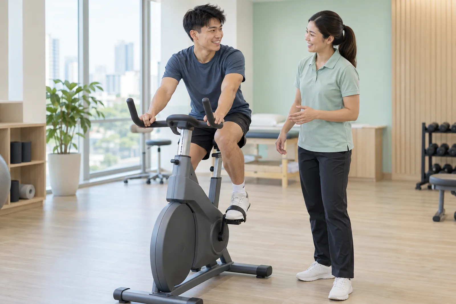 A young athlete pedals a stationary exercise bike while a physiotherapist checks in nearby.