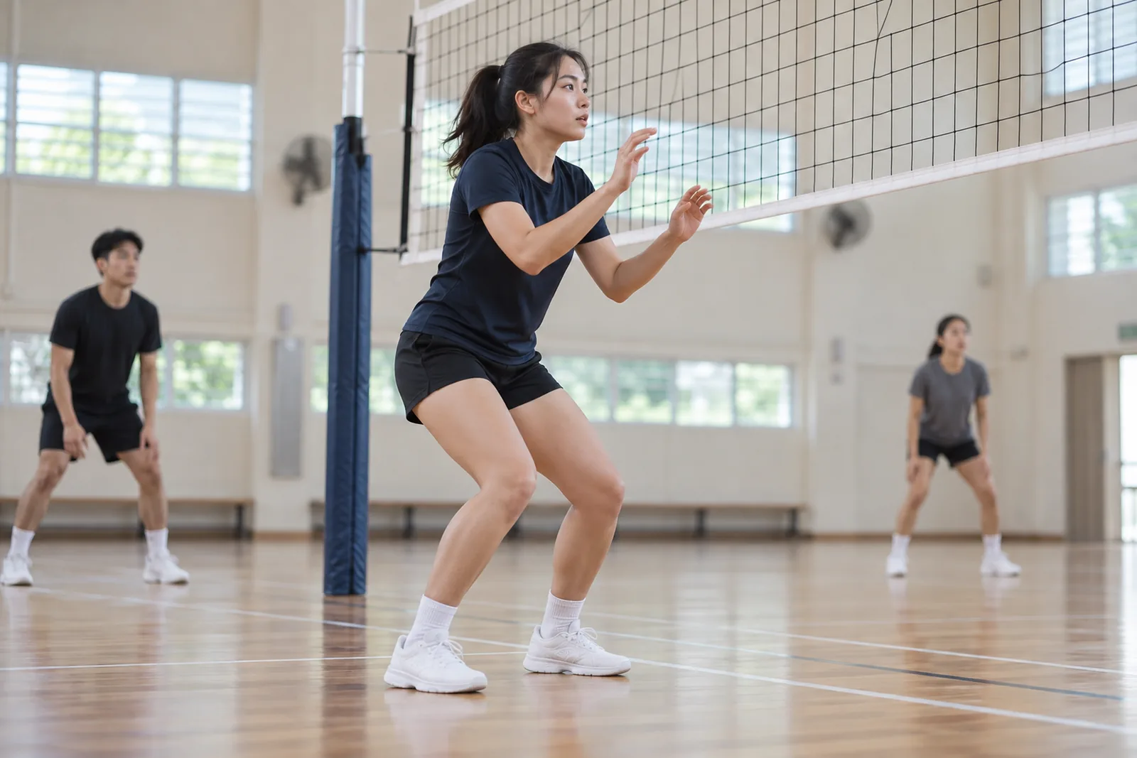 A volleyball player lands with bent knees beside the net in a bright community sports hall.