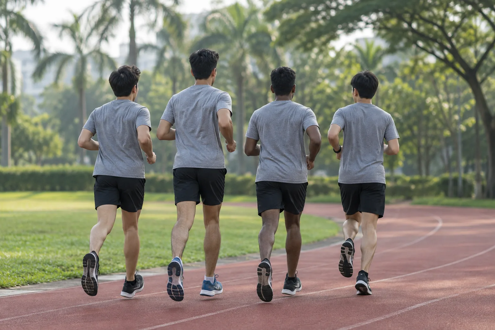 A group of young men in plain exercise clothes runs together on a tropical outdoor track.