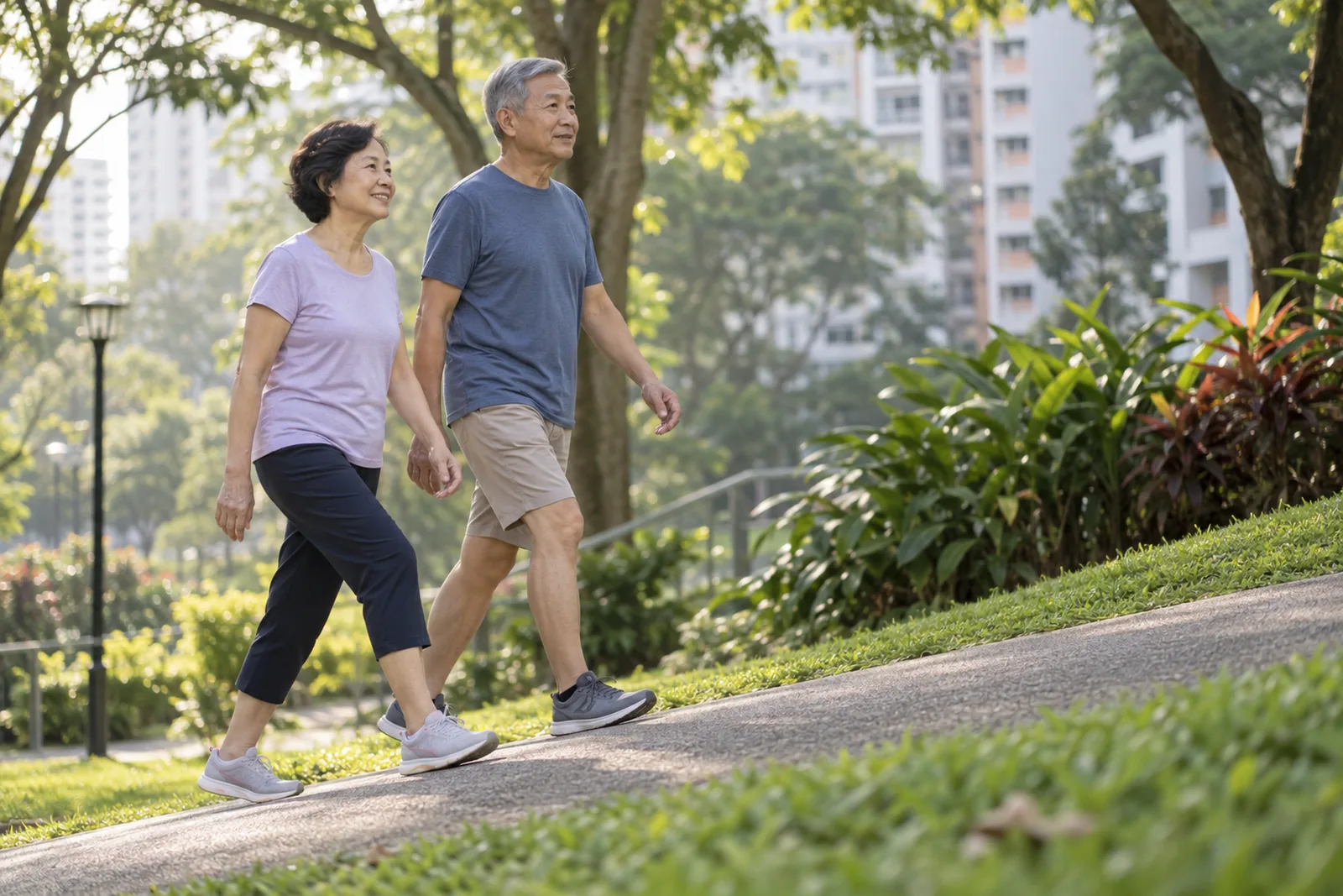 An older couple walk together up a gentle slope in a neighbourhood park.