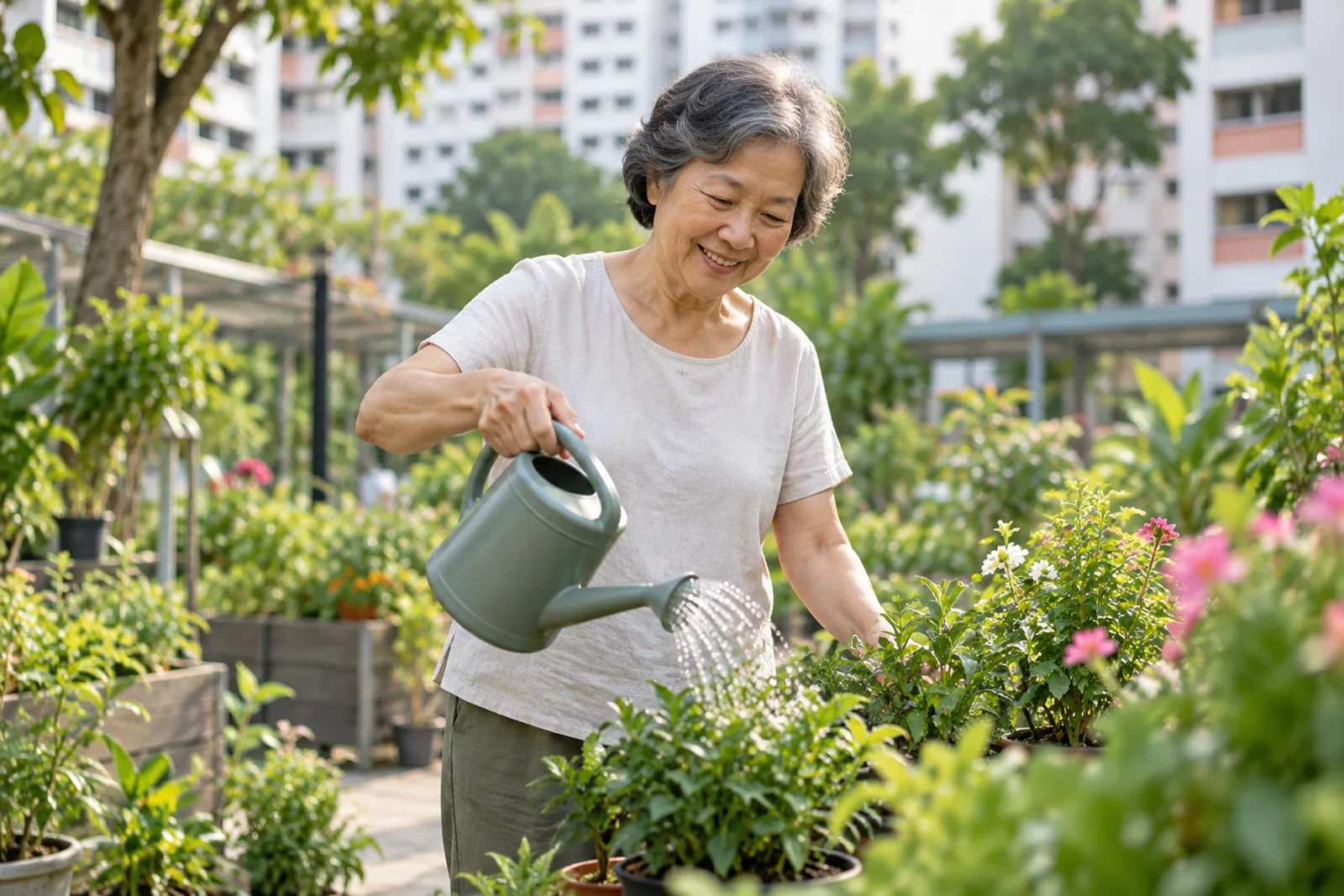 An older woman waters potted plants in a bright HDB community garden.