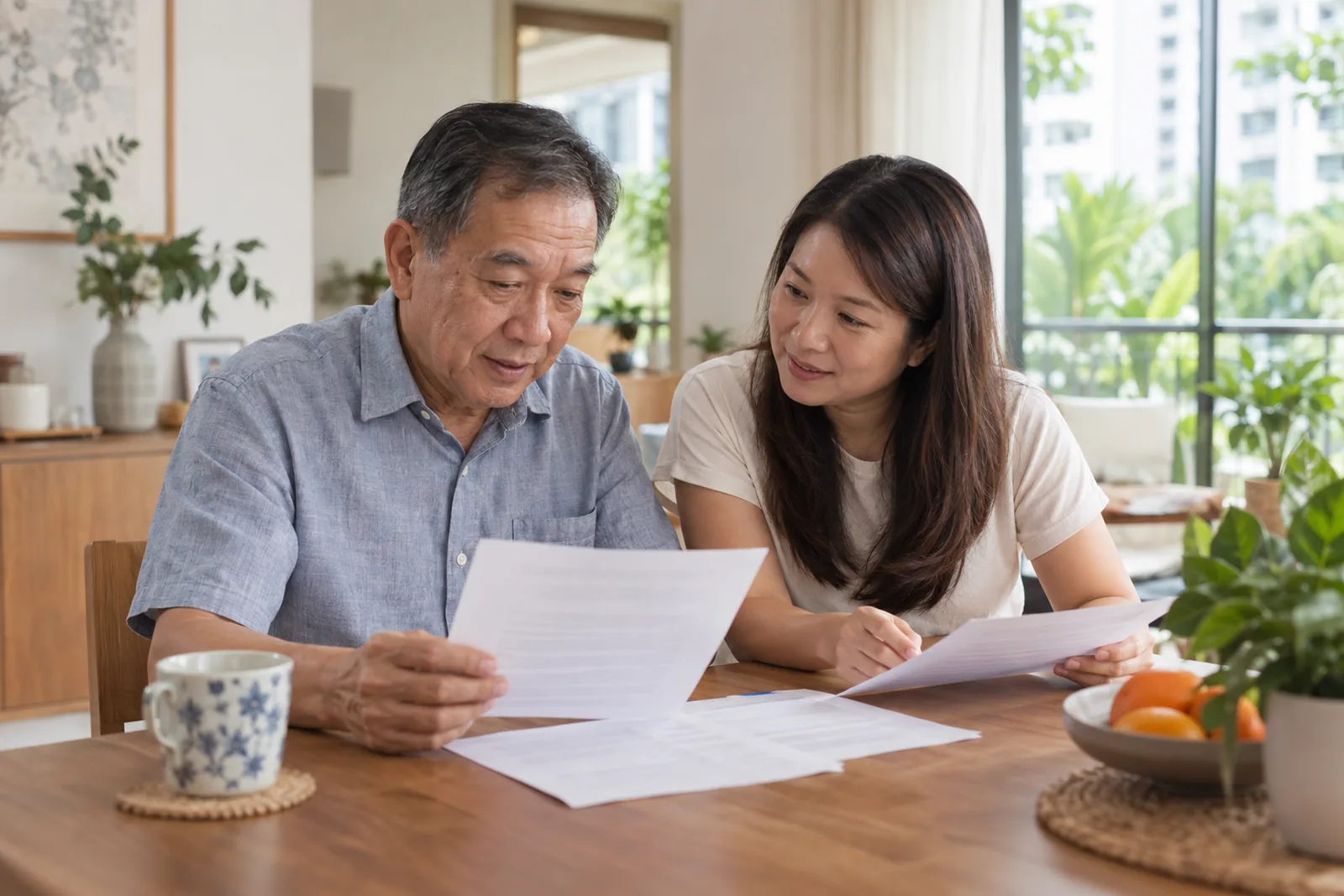 An older man reviews printed notes with his adult daughter at a bright dining table.