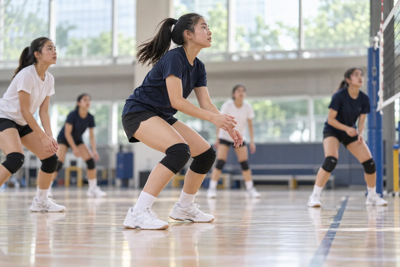 A young volleyball player lands with bent knees during practice in a bright community sports hall.