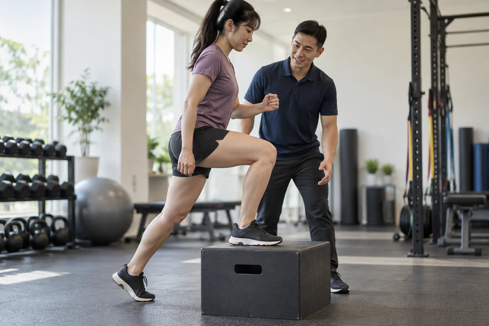 A young woman performs a controlled step-up while a physiotherapist watches beside her.