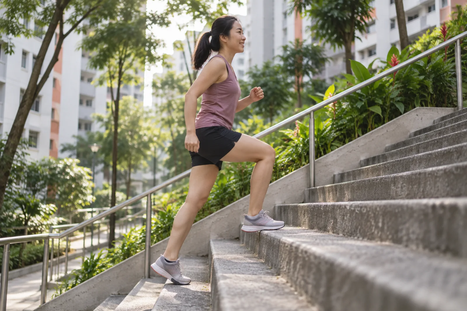 A woman climbs an outdoor staircase between HDB blocks at a steady pace in the morning.
