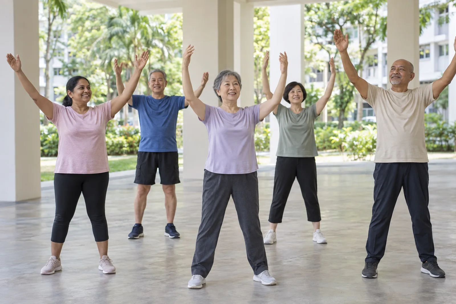 A group of older adults raises their arms during a relaxed morning exercise class at a void deck.