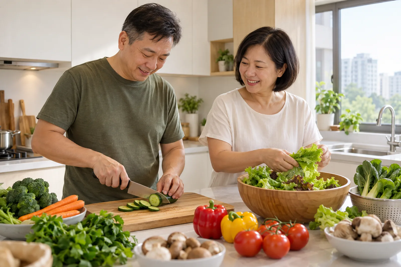 A middle-aged couple prepares fresh vegetables together in a bright HDB kitchen.