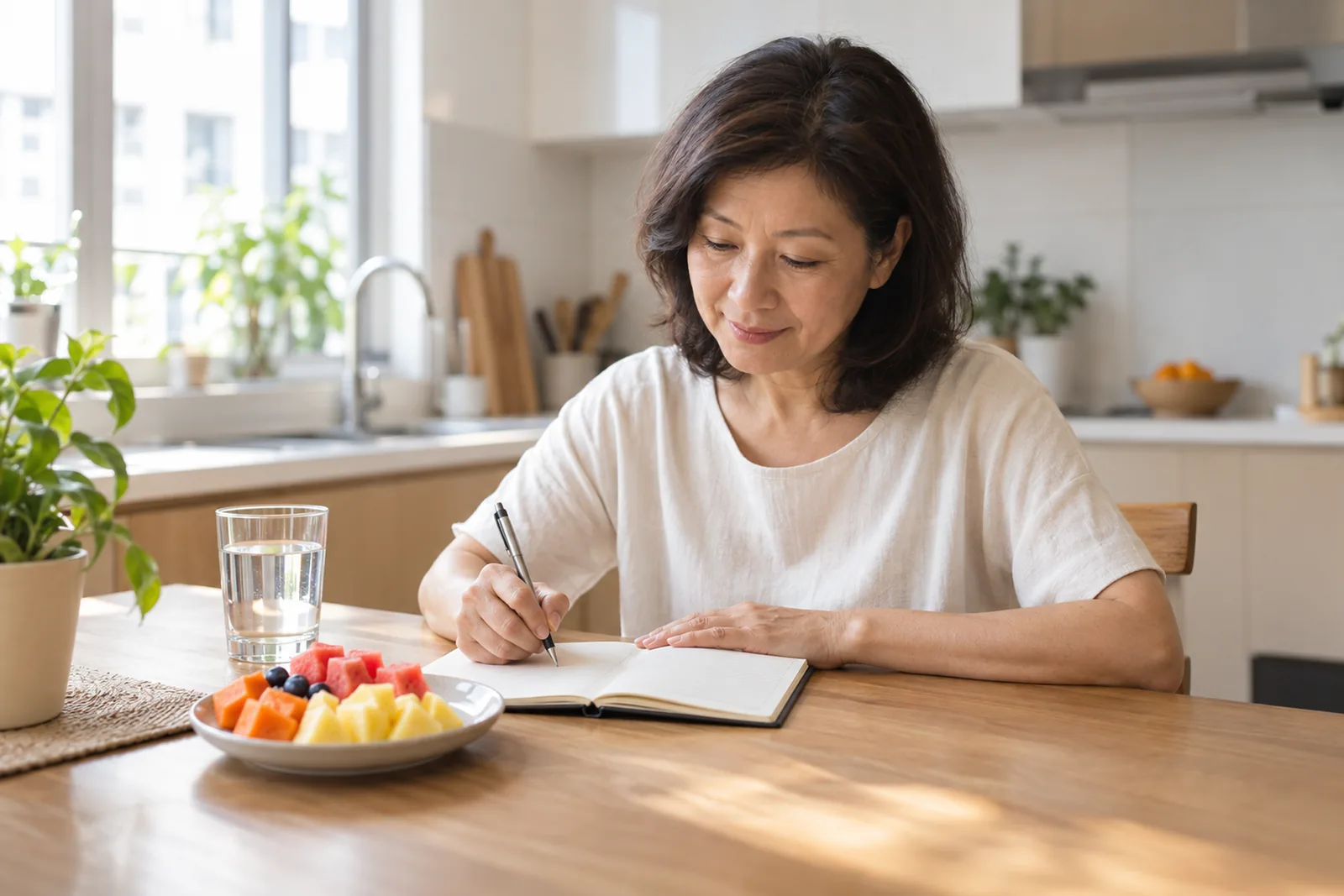 A woman writes in a notebook beside a plate of cut fruit and a glass of water.