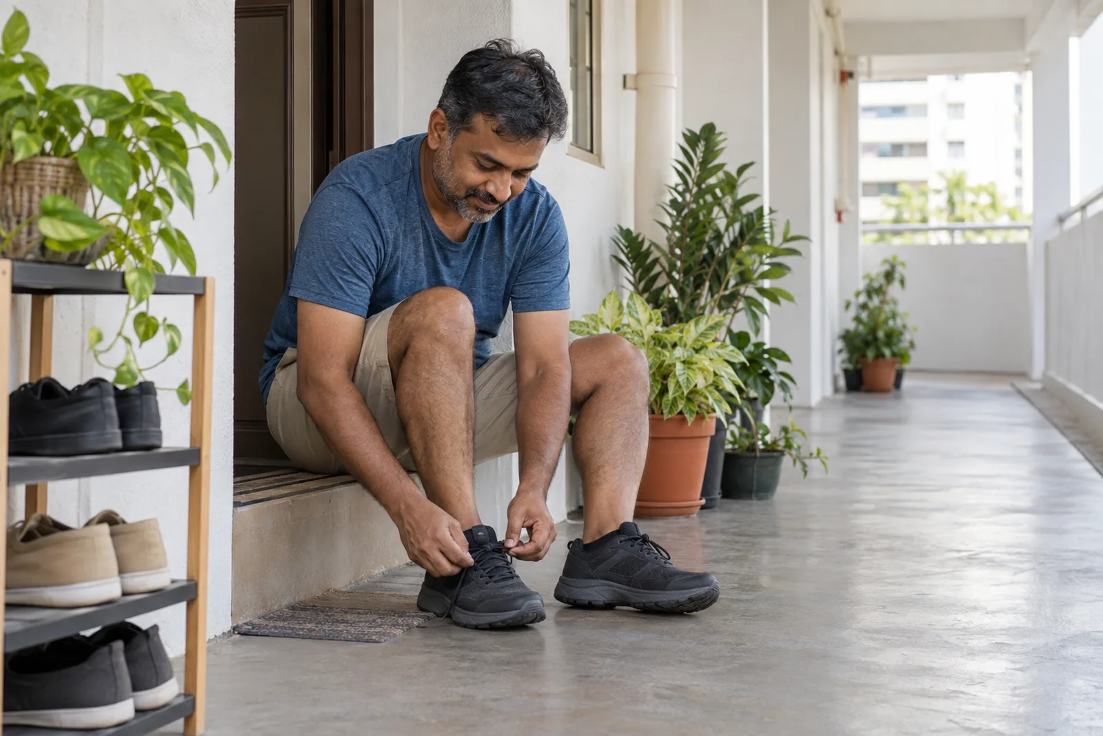 A man sits outside a flat tying a walking shoe beside a small shoe rack and potted plants.
