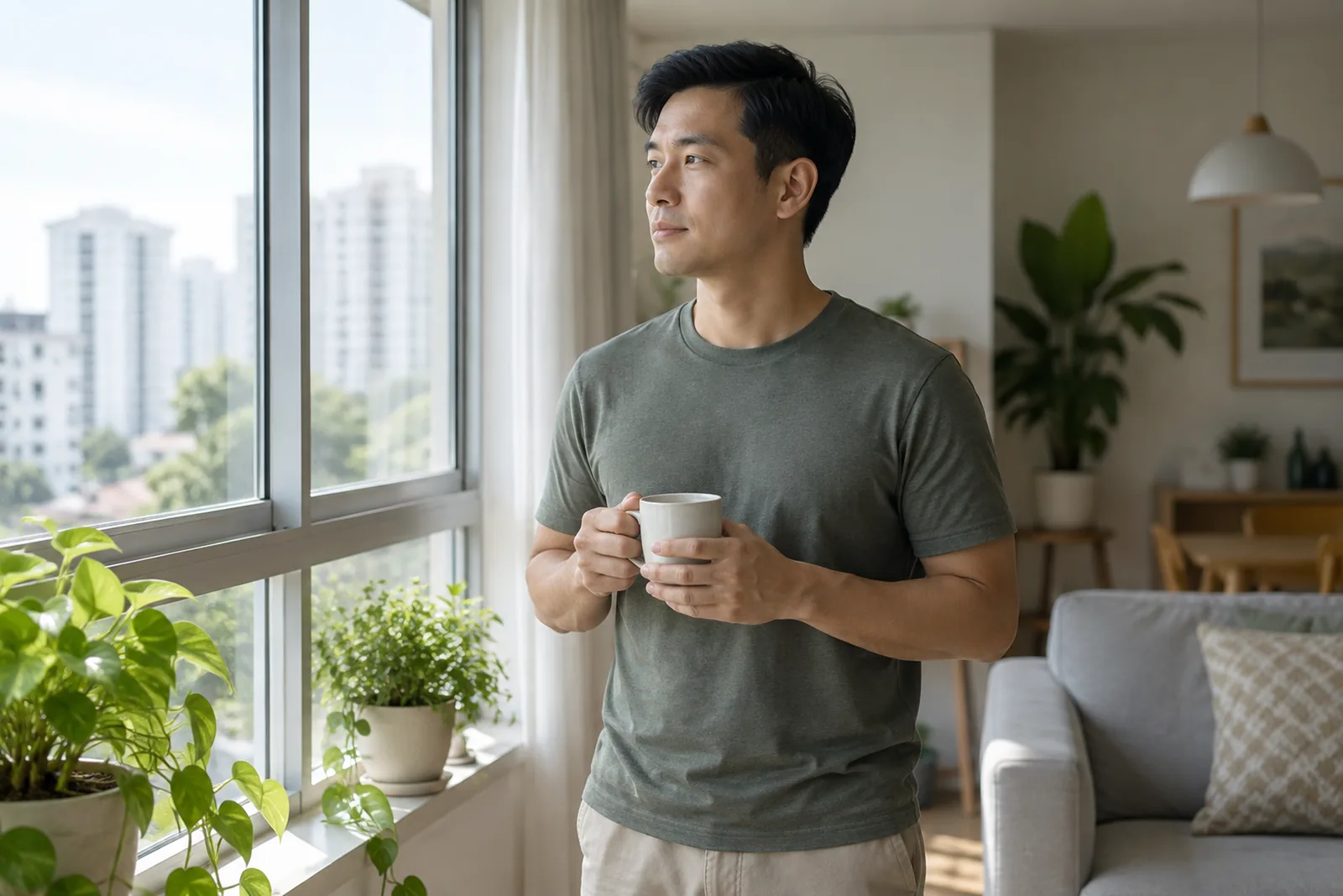 A man holds a cup by a bright apartment window and looks outside thoughtfully beside green plants.