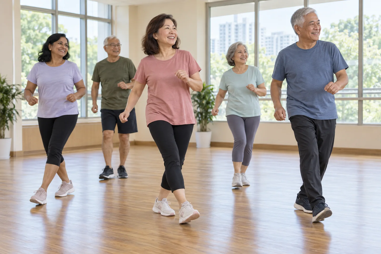A small group of older adults follows a line-dance step together in a bright community-centre studio.