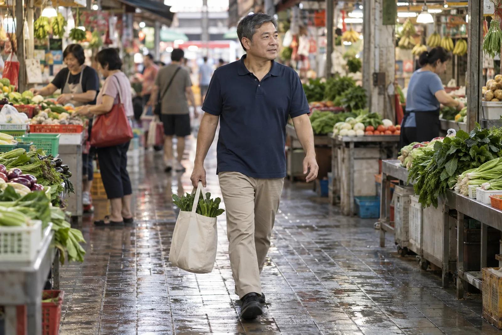 A man walks through a wet market carrying a bag of leafy vegetables as stall keepers work in the background.