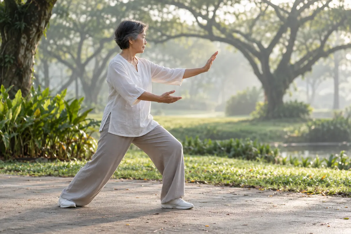 An older woman practises tai chi in a misty park beneath mature rain trees.