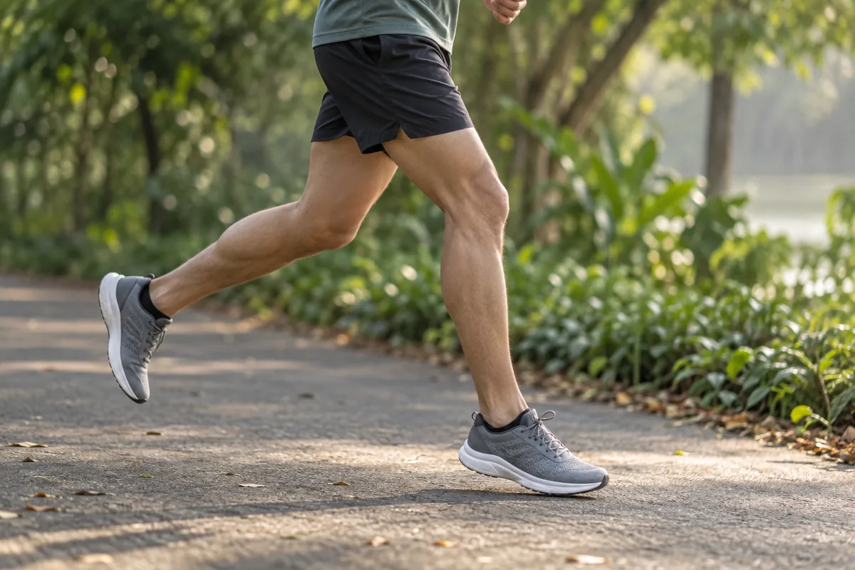 A runner moves along a tree-lined park connector with the legs and running shoes shown in side view.