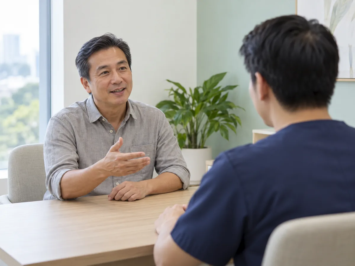 A patient gestures while speaking with a clinician across a light oak desk in a bright consultation room.
