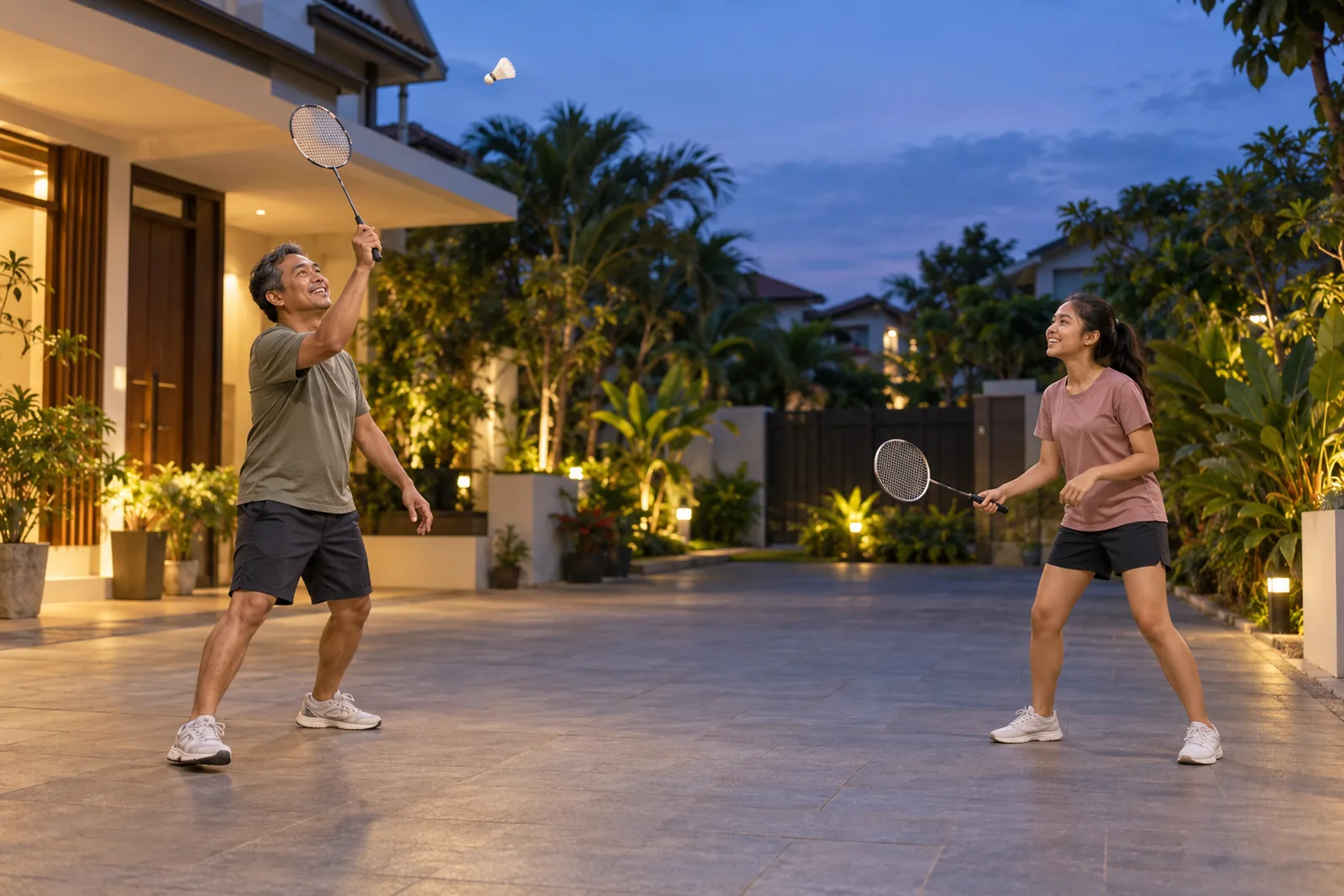 A man and his teenage daughter play a relaxed game of badminton in a house driveway.