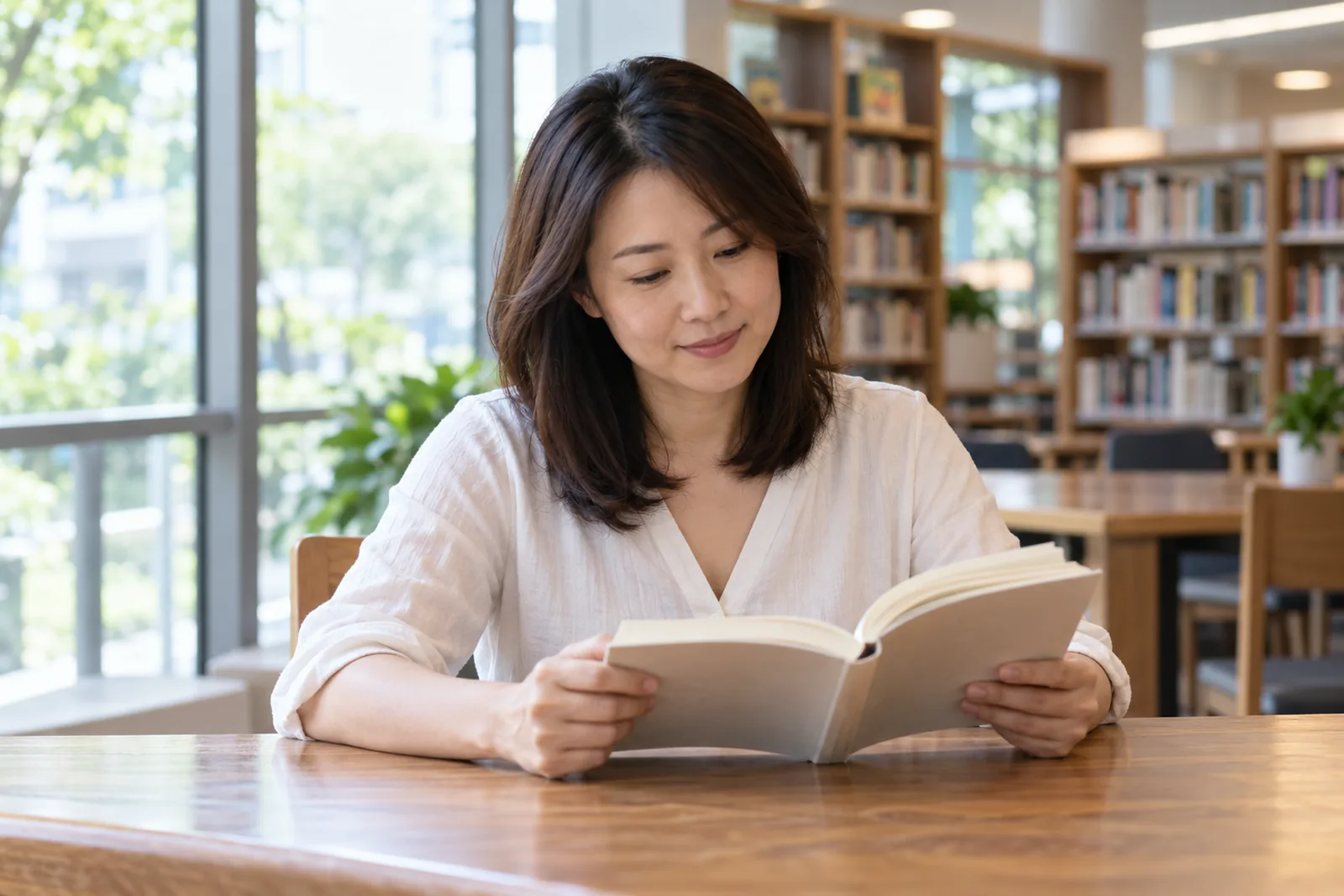 A woman reads at a table beside a large window in a quiet public library.