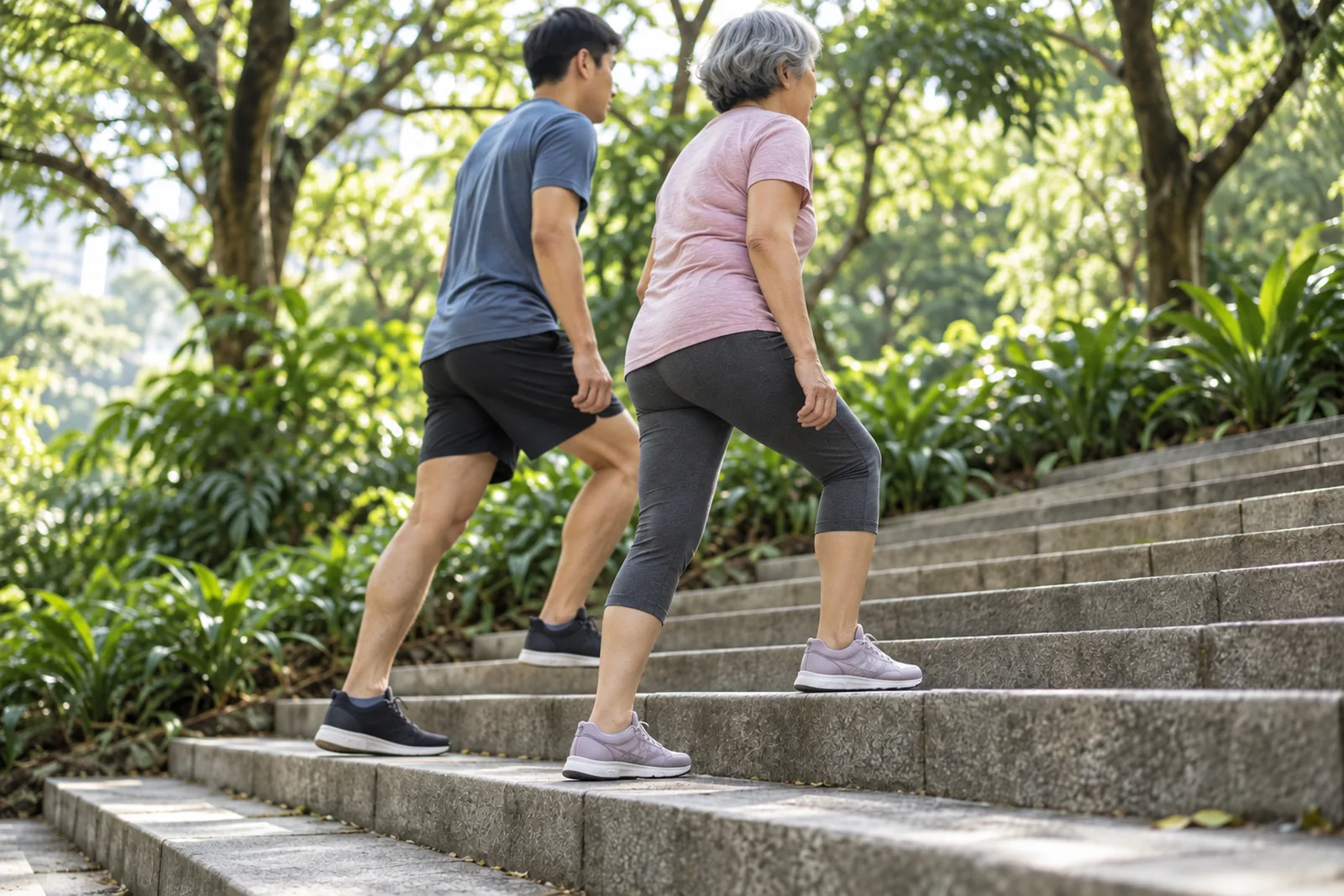 An older woman and a younger man climb broad outdoor steps together in a leafy park.