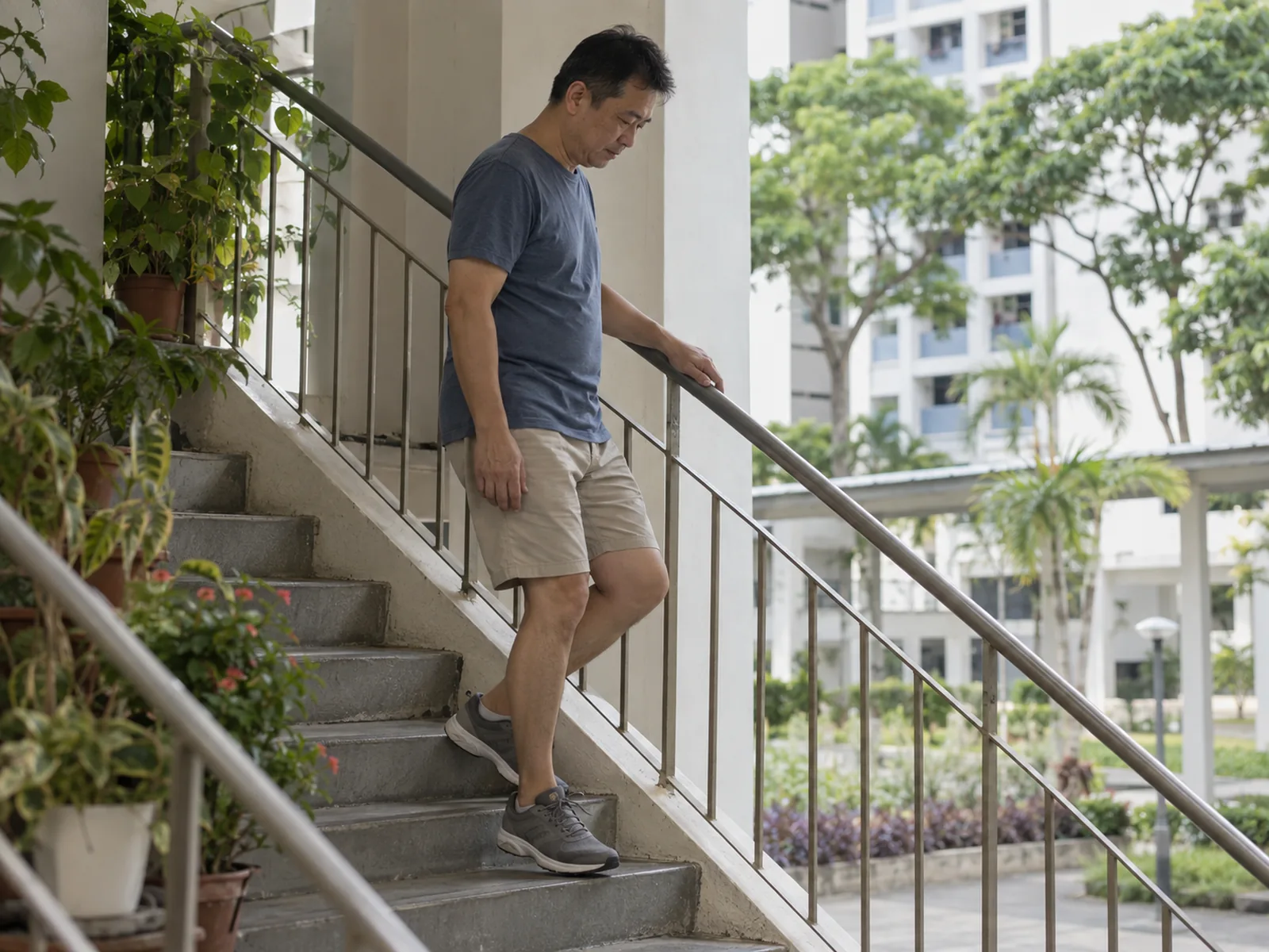 A man walks down an outdoor staircase at an HDB estate with one hand resting lightly on the rail.