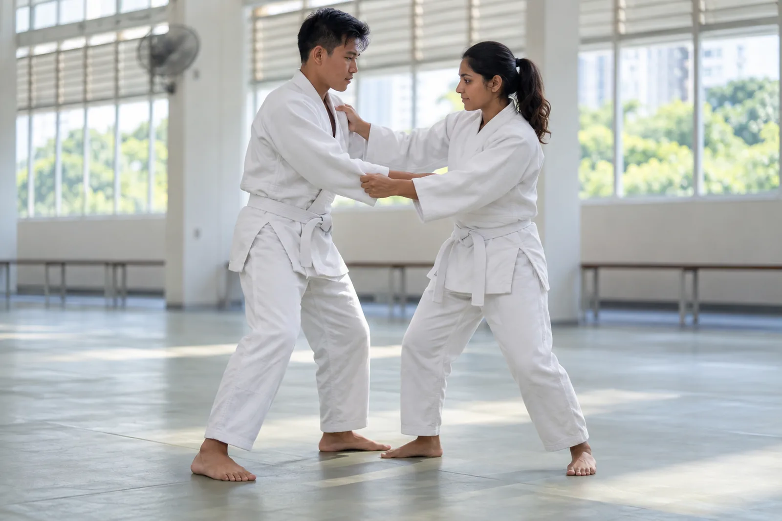 Dua orang dewasa berseragam latihan putih polos berlatih gerakan kaki judo yang terkendali bersama di sebuah balai komunitas yang terang.